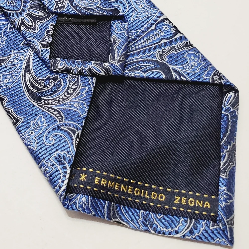 Ermenegildo Zegna Blue Paisley Pattern Men's Italian Silk Neck Tie Jacquard - Picture 4 of 5